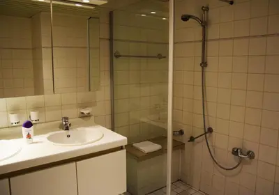 a bathroom with a shower and a sink at Ambassador Suites Antwerp in Antwerp