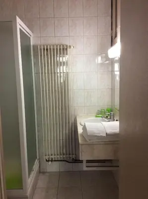 a bathroom with a sink and a shower at Hotel La Vieille Lanterne in Brussels