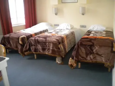 a hospital room with two beds and a window at Hotel Queen Mary in Brussels