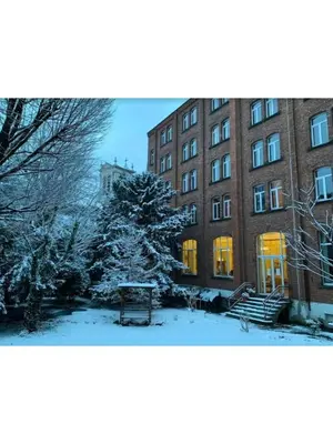 a snow covered tree in front of a building at Institute Of Cultural Affairs in Brussels