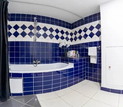 a blue tiled bathroom with a tub and a shower at Hotel Le Grand Colombier in Brussels