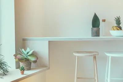 a counter with two stools and some plants at AP8 city & park apartement in Aalst