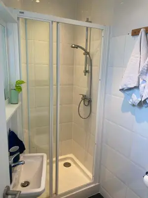 a bathroom with a shower and a sink at Simone's Kitchen B&B in Antwerp