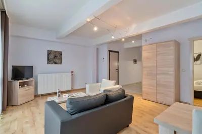 a living room with a couch and a tv at Ambassador Suites Leuven in Leuven