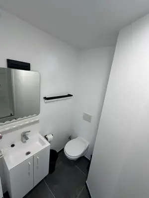 a white bathroom with a toilet and a sink at Hotel Albert in Brussels