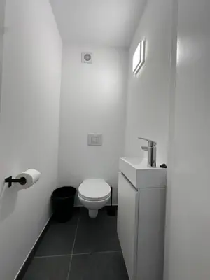 a white bathroom with a toilet and a sink at Hotel Albert in Brussels