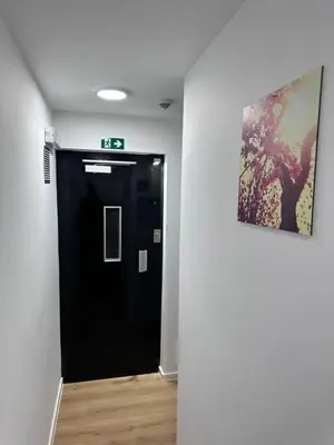 a hallway with a black door and a picture on the wall at Hotel Albert in Brussels
