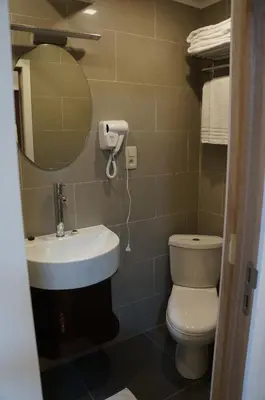 a bathroom with a sink and a toilet and a mirror at Hotel Evergreen in Brussels