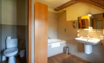 a bathroom with a toilet and a sink and a tub at Hotel The Lodge Heverlee in Leuven