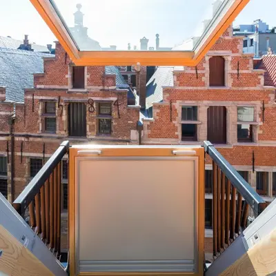a balcony with a view of a building at Y & L villa in Antwerp
