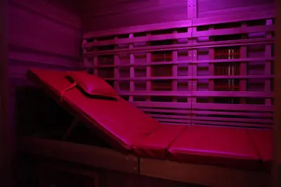 a red bench in front of a window with purple lights at Relax Garden in Hulshout