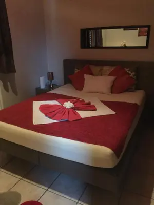 a bed with a red blanket with a flower on it at Relax Garden in Hulshout