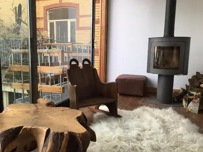 a living room with a wood stove and a couch at Lunatree in Mechelen