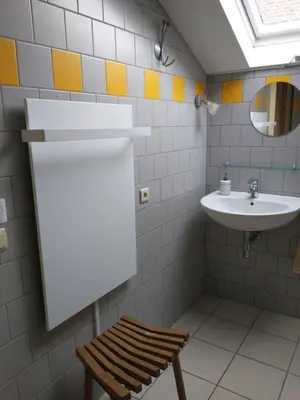 a bathroom with a sink and a toilet and a mirror at Vakantiestudio 'Kleine Johannes' in Duffel