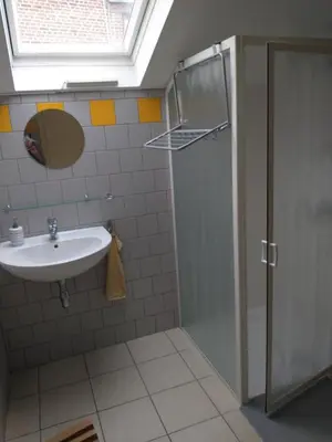 a bathroom with a sink and a shower at Vakantiestudio 'Kleine Johannes' in Duffel