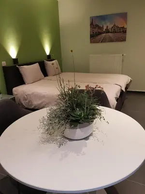 a room with two beds and a white table with flowers at Touristflat Dewulf in Ghent