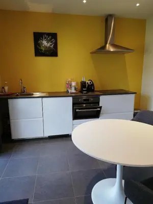 a kitchen with a white table and a counter top at Touristflat Dewulf in Ghent