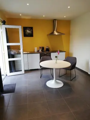 a kitchen with a table and two chairs and a table at Touristflat Dewulf in Ghent