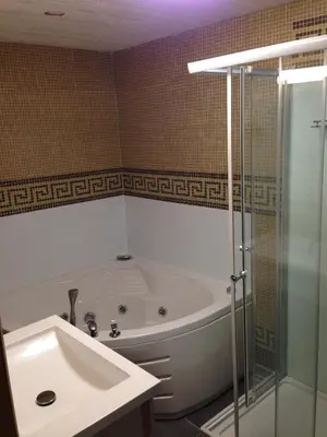 a bathroom with a tub and a shower and a sink at B&B Aalsters-genot in Aalst