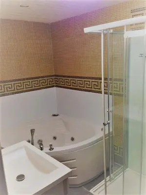 a bathroom with a tub and a shower and a sink at B&B Aalsters-genot in Aalst