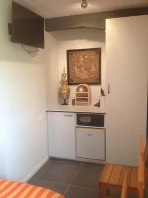a kitchen with a stove and a painting on the wall at B&B Aalsters-genot in Aalst