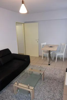 a living room with a black couch and a table at Renovated Apartment in Antwerp city center in Antwerp