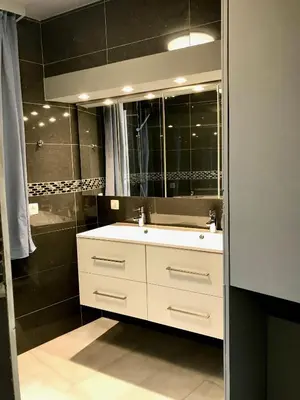 a bathroom with a white sink and a mirror at Renovated Apartment in Antwerp city center in Antwerp