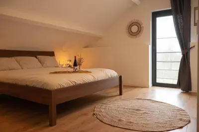 a bedroom with a large bed and a large window at Huize Nassau in Zelem