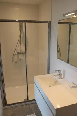 a bathroom with a shower and a white sink at B&B Het Museum in Berlaar
