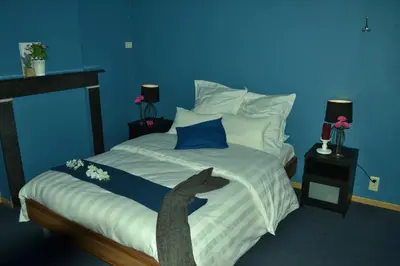 a bedroom with a bed with a cat on it at Hotel Het Gasthof in Herent