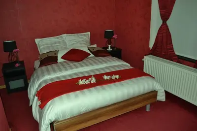 a bedroom with a large bed with red walls at Hotel Het Gasthof in Herent