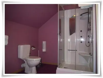 a purple bathroom with a toilet and a shower at Hotel Het Gasthof in Herent