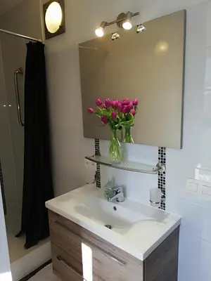 a bathroom with a sink with a vase of pink flowers at Guesthouse Marie Therese in Brussels