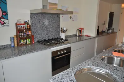 a kitchen with a stove top oven next to a sink at Lord of Ghent in Ghent