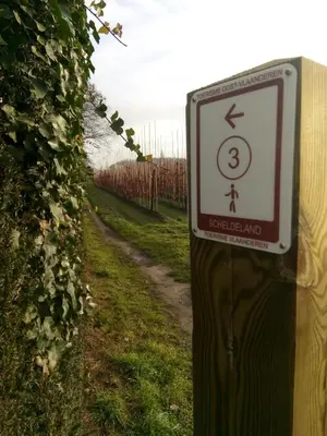 a sign on a pole next to a dirt road at B&B De Stuifduinen in Wetteren