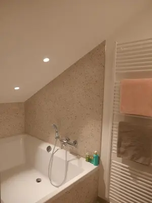 a bathroom with a bath tub with a shower at B&B De Stuifduinen in Wetteren