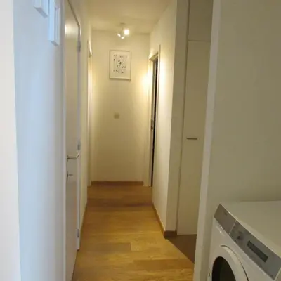 a hallway with a washer and dryer in a house at Huidreal Meir in Antwerp