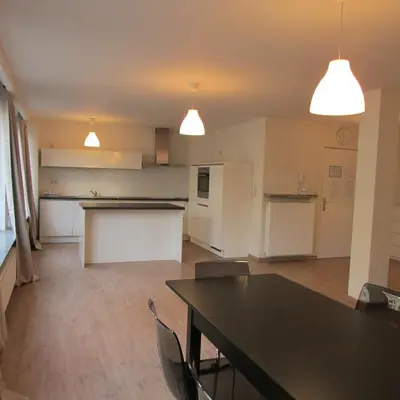an empty living room with a table and two lights at Huidreal Meir in Antwerp