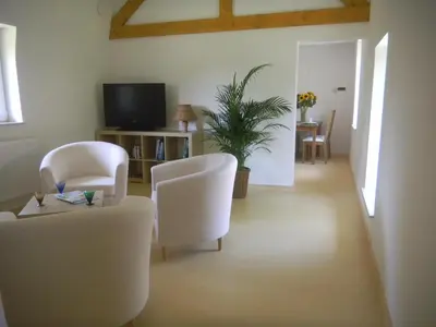 a living room with white chairs and a tv at Verreveld in Londerzeel