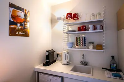 a kitchen with a sink and a coffee maker on a shelf at Antwerp For Two B&B in Antwerp
