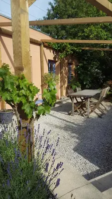 a patio with a picnic table and a bench at B&B La Clé du Sud in Merelbeke