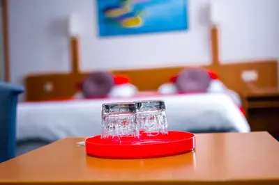 two glasses sitting on a red plate on a table at Hotel Professor Leuven Centrum in Leuven