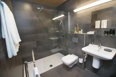 a bathroom with a sink and a toilet and a shower at Hotel Moon in Sint-Niklaas