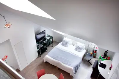 an attic room with a bed and a television at Guesthouse PPP in Ghent