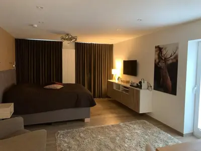 a bedroom with a bed and a television and a couch at Q Studio in Herzele