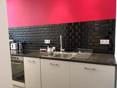 a kitchen with a sink and a red wall at Gachard in Brussels