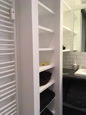 a walk in closet with white shelves in a bathroom at Gachard in Brussels