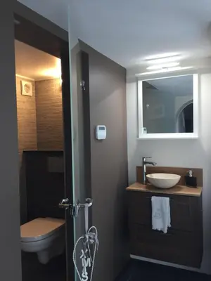 a bathroom with a sink and a toilet and a mirror at Studio swimming pool BXL in Dilbeek