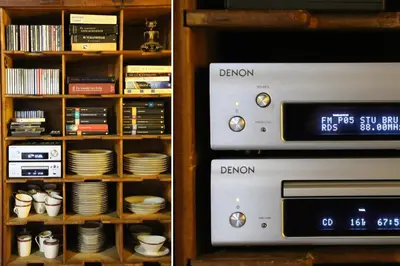two pictures of a microwave and a shelf of dishes at Trumpet House in Leuven