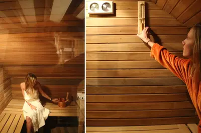 a woman in a sauna and a woman standing in a room at Trumpet House in Leuven
